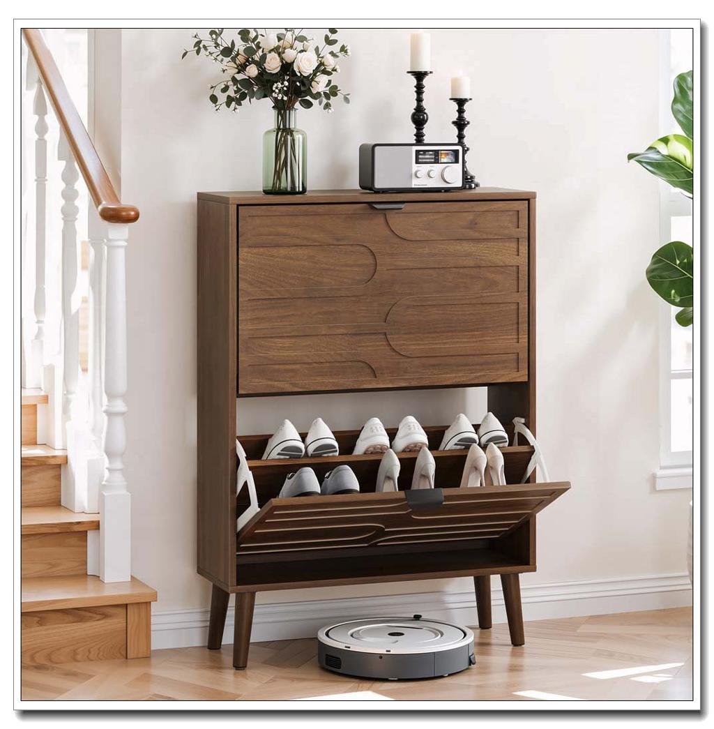 55W Mid-Century Modern 2-Drawer Entryway Shoe Storage Cabinet With Adjustable Shelves Rebrilliant - Image 2