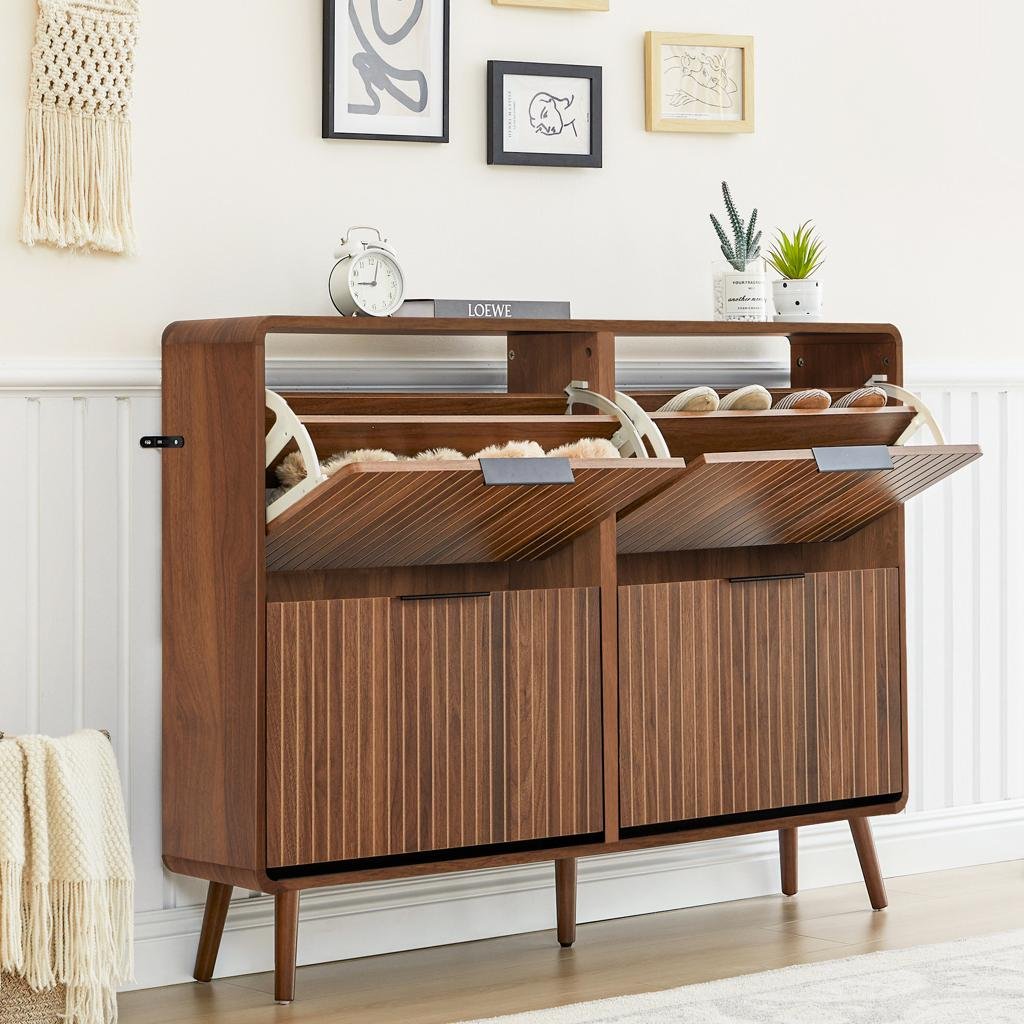 55W Mid-Century Modern 2-Drawer Entryway Shoe Storage Cabinet With Adjustable Shelves Rebrilliant - Image 3