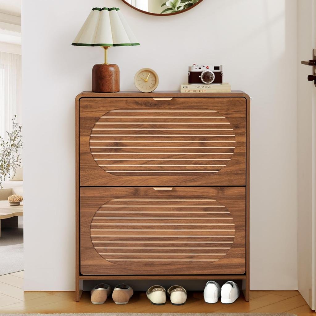 55W Mid-Century Modern 2-Drawer Entryway Shoe Storage Cabinet With Adjustable Shelves Rebrilliant